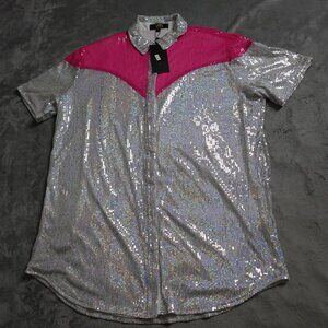 L&B Lucky and Blessed Sequins Glitter Blouse Women's Large Pink Short Sleeve